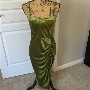 Cider Olive Green Midi Dress with Ruched Detail